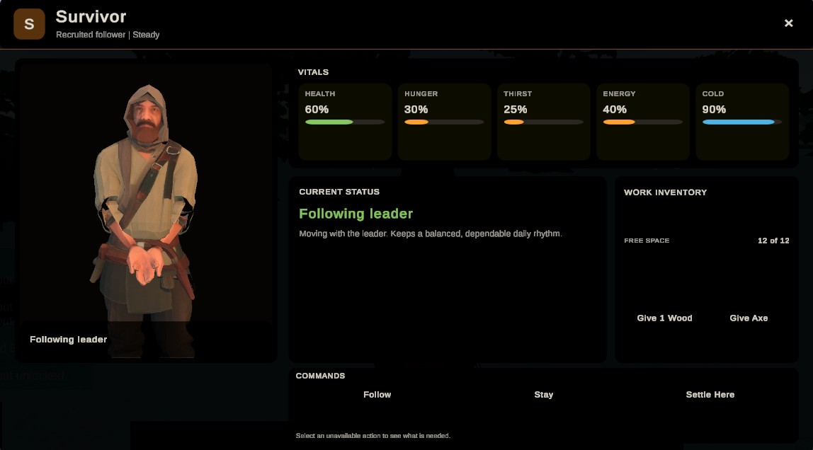 Worldis recruited follower panel showing commands: Follow, Stay, Settle Here